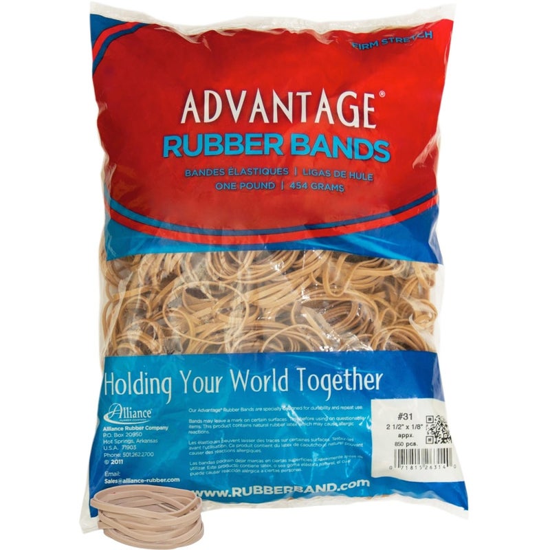 Alliance Rubber 26314 Advantage Rubber Bands Size #31, 1 lb Bag Contains Approx. 850 Bands (2 1/2" x 1/8", Natural Crepe) - Image 1